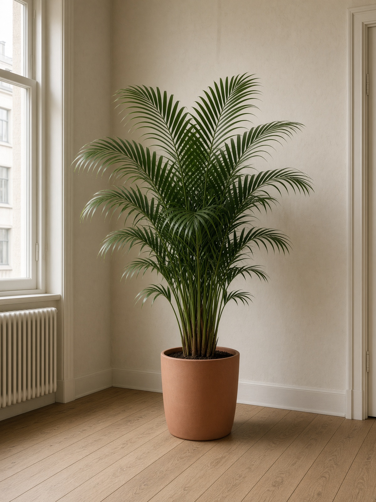 Kentia van ongeveer twee meter in een terracotta pot